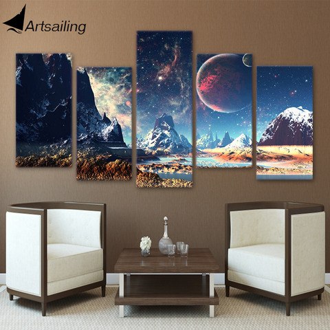 Galaxy Picture Painting Nebula Canvas Art Poster Snow Mountains Space Canvas Set Planet Lake Pictures 5 Pieces Prints Home Decor ► Photo 1/6