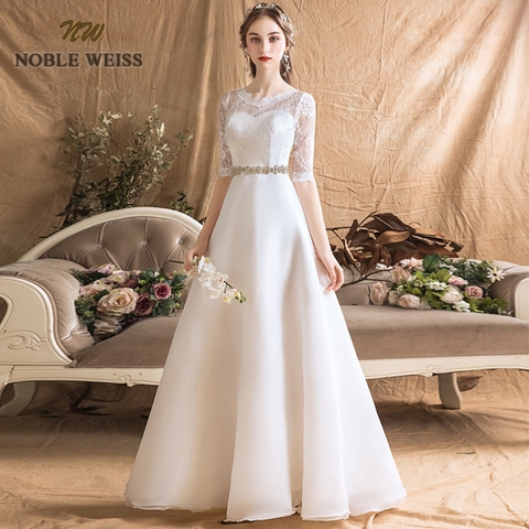 wedding dresses organza a-line simple wedding dress sexy floor-length sashes bridal dresses with half lace wedding gown ► Photo 1/6