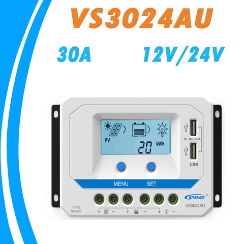 EPever 30A Solar Charger Controller 12V 24V Auto Backlight LCD High Efficiency Solar Regulator PWM with Dual USB Output VS3024AU ► Photo 1/6
