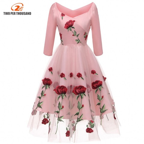 Christmas Rose Embroidery Vintage Dress Slash Neck 3/4 Sleeves Wrap High Waist Swing Dress 60s Retro Black Mesh Party Vestidos ► Photo 1/5