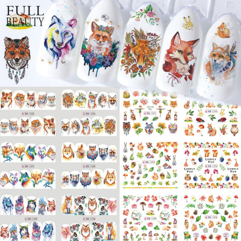 12pcs Water Decals Nail Tattoo Fox Lovely Animal Cartoon Full Sticker Wraps Nails Owl Scarecrow Manicure Design CHBN1285-1296 ► Photo 1/6