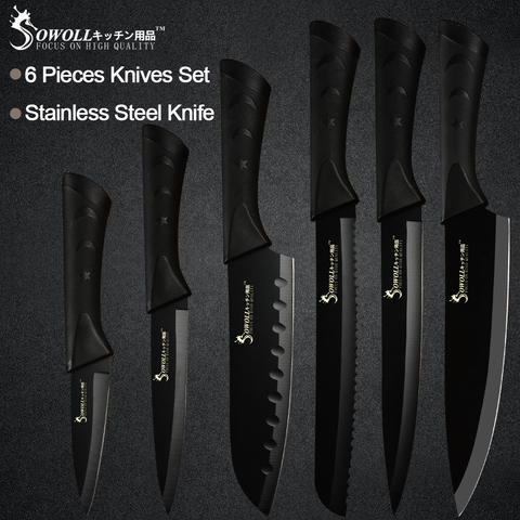 Sowoll Stainless Steel Kitchen Knives 6 Piece Set Sharp Black Blade ABS+TPR Handle Knife Meat Fish Fruit Cooking Accessories ► Photo 1/6