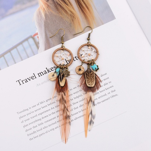 TopHanqi Bohemian Hollow Dream Catcher Leaf Feather Earrings For Women Indian Jewelry Blue Natural Stone Drop Dangle Earrings ► Photo 1/6