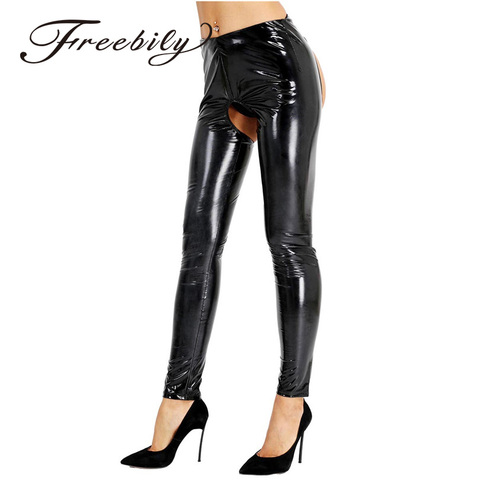 2022 Black Women Wet Look Stretchy Pencil Pants Patent Leather Open Crotch and Open Butt Pants Skinny Stretchy Legging Trousers ► Photo 1/5