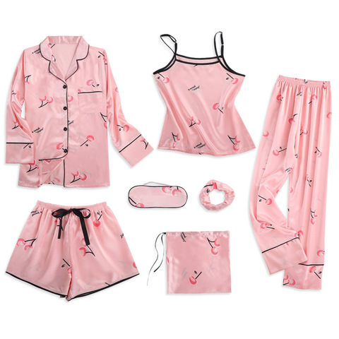 Strap Sleepwear Pyjamas Women's 7 Pieces Pink Pajamas Sets Satin Silk Lingerie Homewear Sleepwear Pyjamas Set Pijamas For Woman ► Photo 1/6