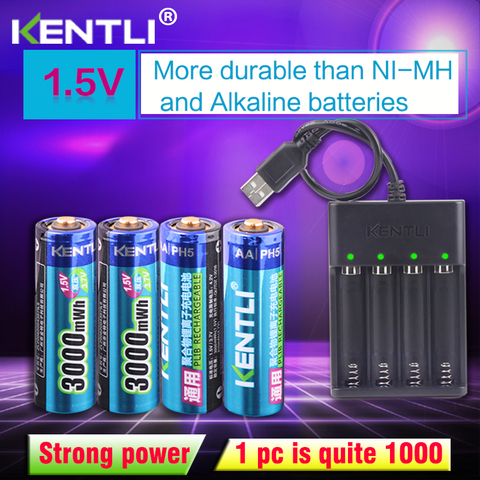4pcs KENTLI AA 1.5V 3000mWh polymer lithium li-ion rechargeable batteries battery+4 slots USB li-ion battery charger ► Photo 1/6