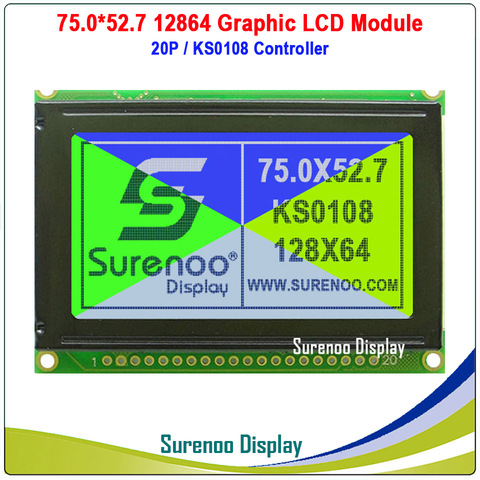 75.0X52.7MM 12864 128*64 Graphic Matrix LCD Module Display Screen LCM build-in KS0108 Controller 4 Colors for Selection ► Photo 1/5