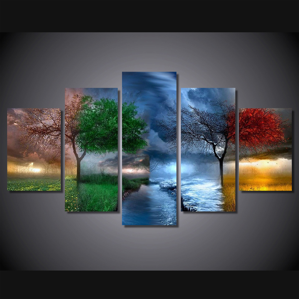 Four Seasons Tree Road 4 Pieces Canvas Wall Printing Picture Poster Home Decor