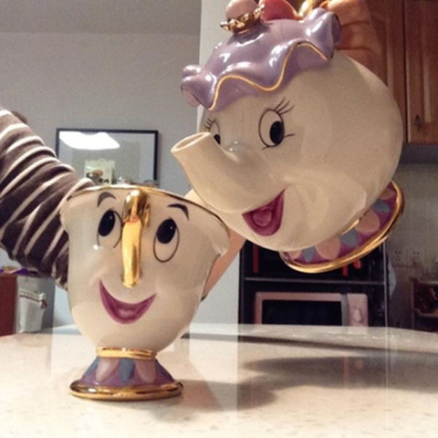Cartoon Beauty And The Beast Teapot Mug Mrs Potts Chip Cogsworth Tea Pot Cup Set Porcelain Gift 18K Gold-plated Painted Enamel ► Photo 1/6