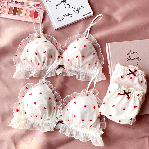 2022 new young girls small wire free sleep underwear lace love embroidery thin cup with pad  Japanese lingerie bra and panty set ► Photo 1/6