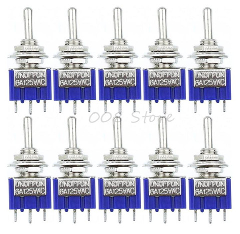 10Pcs ON-OFF-ON 3 Pin 3 Position Mini Latching Toggle Switch AC 125V/6A 250V/3A MTS-103 BULE S ► Photo 1/3
