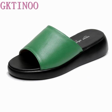 GKTINOO Women Flat Slides Shoes 2022 Summer Women Genuine Leather Wedges Platform Slippers Sandals For Women Casual Slippers ► Photo 1/6