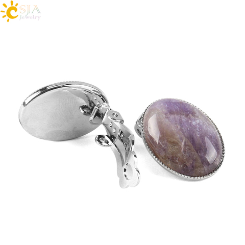 CSJA Clip on Earring Without Piercing Women Reiki Gem Stone Beads Oval Shape Pink Purple Crystal Onyx Raw Material Jewelry E111 ► Photo 1/1