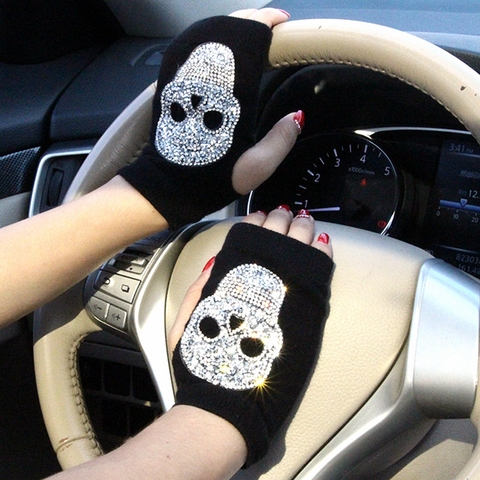 Winter Gloves Women Rhinestone Skull A+ Diamond Crown Half Finger Warm Knitted Black Mittens students Gants Femme ► Photo 1/6
