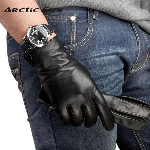 Fashion Men Real Sheepskin Gloves Wrist Solid Winter Lambskin Genuine Leather For Male Warm Driving Glove Free Shipping M001NC ► Photo 1/6