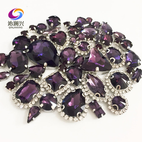 Deep purple color Mix size Crystal buckle+claw rhinestone,Silver base galss sew on stones diy/Clothing accessories 50pcs/pack ► Photo 1/4