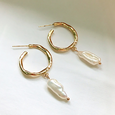 SRCOI Gold Color Metal Freshwater Pearl Hoop Earrings Silver Color Pin Geometric Circle Wedding Earrings Women Jewelry ► Photo 1/5