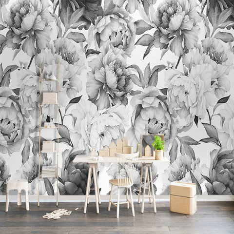 Custom Mural Wallpaper 3D Black And White Peony Wall Painting Living Room TV Background Wall Decor European Style Wall Paper 3 D ► Photo 1/6