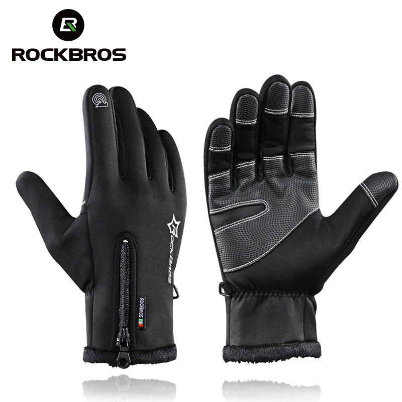 ROCKBROS Cycling Fleece Thermal Windproof Touch Screen Full Finger Gloves Black 