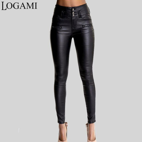 LOGAMI Women Pu Leather Pants Black Sexy Stretch Bodycon Trousers Women High Waist Long Pants ► Photo 1/6