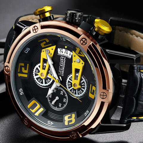 MEGIR Men's Genuine Leather Quartz Sports Watches Top Brand Luxury Military Stop Watch Waterproof Wrist Watch Relogio Masculino ► Photo 1/6