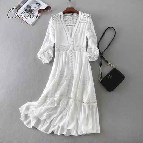 Ordifree 2022 Summer Women Long Tunic Beach Dress Sundress Long Sleeve White Lace Sexy Boho Maxi Dress Holiday Clothes ► Photo 1/6