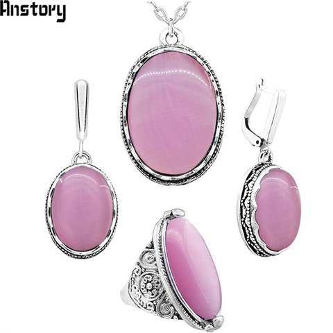 Anstory Oval Opal Jewelry Set Necklace Earrings Rings For Women Flower Pendant Stainless Steel Chain Wedding Gift TS335 ► Photo 1/6