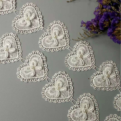 1 Yard 5cm Ivory Heart Bowknot Pearl Embroidered Lace Trim Ribbon Fabric Sewing Craft Patchwork Handmade For Costume Decoration ► Photo 1/6