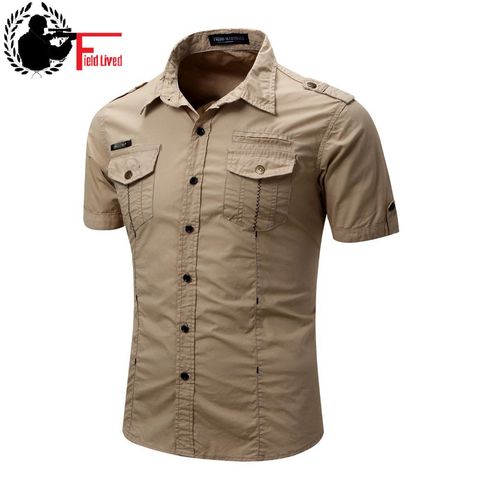 Men's Shirt 2022 Short Sleeve Cargo Shirt Fashion Casual Summer Uniform Military Style Cotton Solid Male Casual Shirt Khaki Grey ► Photo 1/6