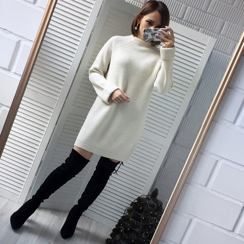 Autumn Winter Solid Knitted Cotton Sweater Dresses Women Fashion Loose O-neck Pullover Female Knitted Dress Vestidos Feminino ► Photo 1/6