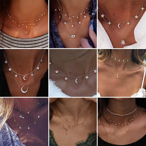 Boho Star Moon Bead Multilayer Chockers Necklace For Women Wedding  Necklaces Pendants Layering Chokers,Gold/Silver 