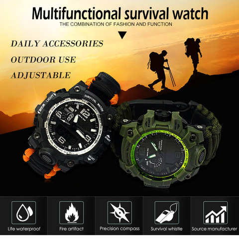 New Outdoor Multi-function Survival Watch EDC Camping Hiking Rescue Paracord Bracelet Equipment Tools Kits Luminous Watch Compas ► Photo 1/6