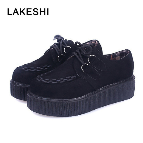 LAKESHI Creepers Women Shoes Flat Platform Shoes Black Women Casual Shoes Lace-Up Round Toe Creepers Female Shoes Large Size ► Photo 1/6