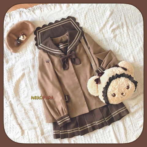 Macha or Chocolate Cookies Japanese Student JK Uniform Set: Long Sleeve Sailor Collar Blouse & Bow +  Pleated Skirt Preppy Style ► Photo 1/6