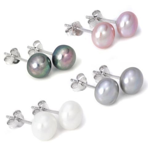 hot 925 Sterling Silver 7-8mm Real Freshwater Pearl  white Grey Black purple Natural  stud Earrings for 1 pair ► Photo 1/6