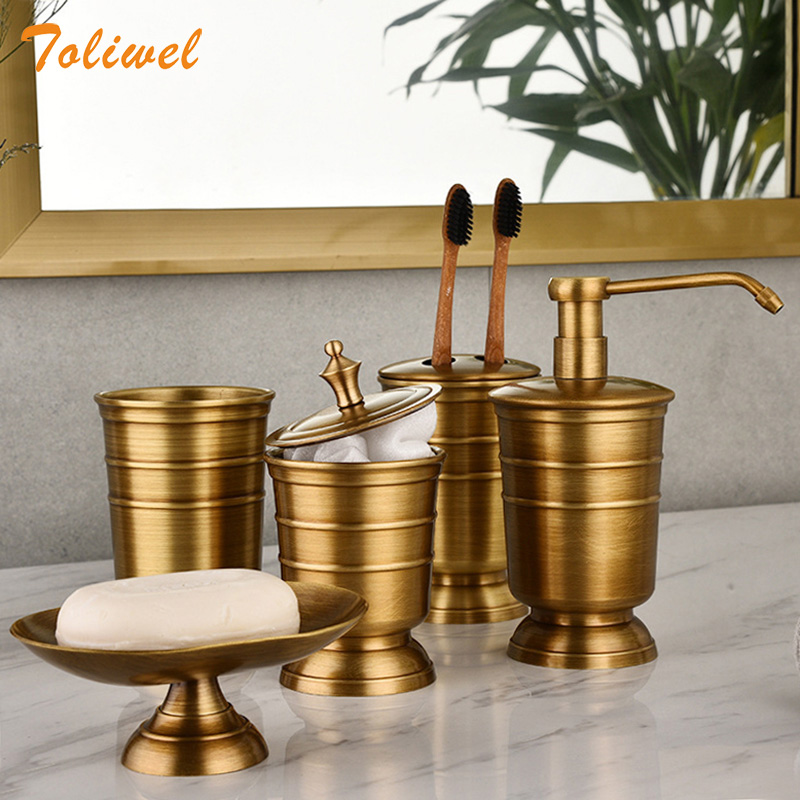 Antique Brushed Solid Brass Bathroom Accessories Sets European Porcelain Bathroom  Hardware Sets Ceramic Retro Bathroom Products
