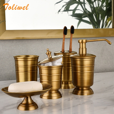 Antique Brass Soap Dish Liquid Soap Dispenser Toothbrush Holder Gargle Cup Storage Tank 5pcs Bathroom Accessory Set ► Photo 1/6