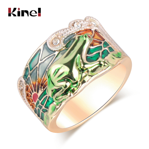 Kinel Hot Animal Jewelry Frog Rings Fashion Green Enamel Wide Ring For Woman Party Crystal Gold Color Vintage Jewelry 2022 New ► Photo 1/6
