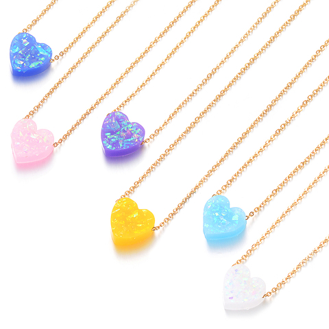 6 Colors 12mm Heart Shape Opal Stone Pendant Necklace 316L Stainless Steel Gold Chain Collar Jewelry Girlfriend Gifts ► Photo 1/6