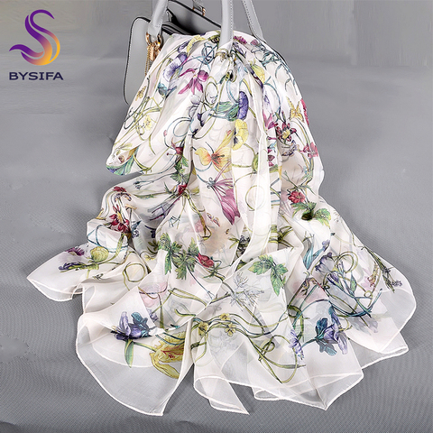 [BYSIFA] White 100% Silk Scarf Cape Fashion Floral Design Long Scarves Women Summer Utralong Beach Shawl Winter Scarves180*110cm ► Photo 1/6