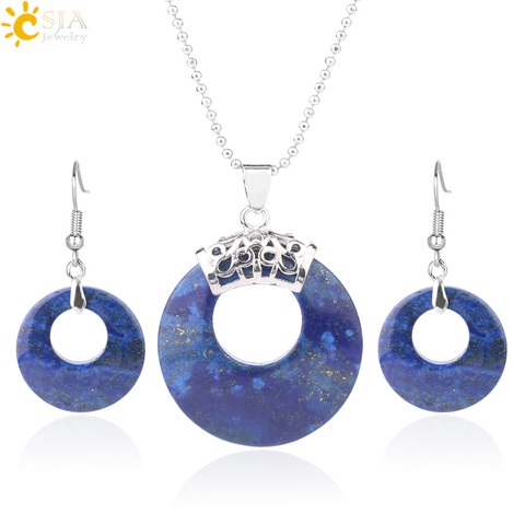 CSJA Natural Stone Lapis Jewelry Set Round Hollow Bead Pendant Necklace Drop Earring for Women Popular Reiki Jewellery Gift F615 ► Photo 1/6