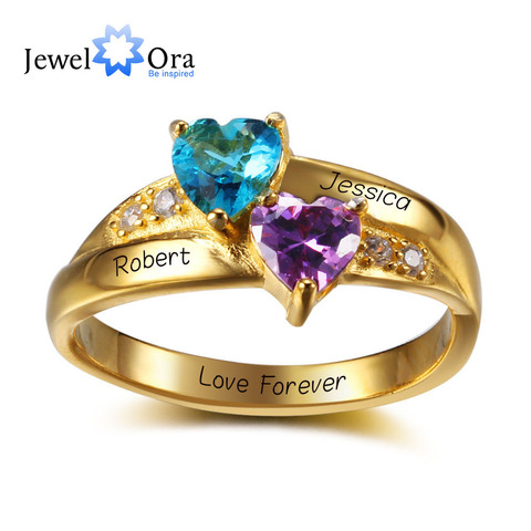 Personalized Name Ring 2 Heart Birthstone 925 Sterling Silver Cubic Zirconia Ring Birthday Gift Idea (JewelOra RI102346) ► Photo 1/1
