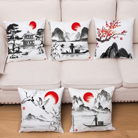Classical Ink Scenic Print Cushion Cover Super Soft Short Plush Pillow Covers 45*45 Throw Pillows Cases Home Decor Pillowcase ► Photo 1/6