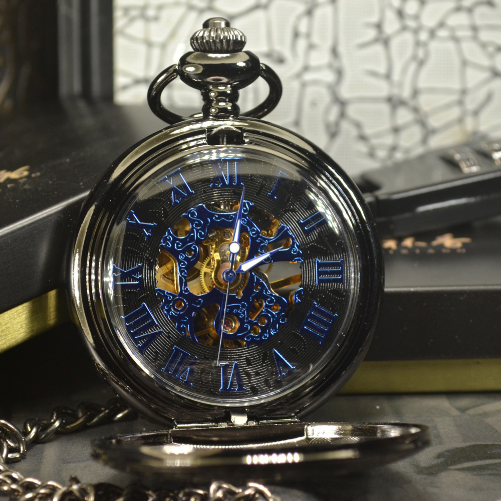 Vintage Luxury Black Metal Mechanical Pocket Watch Steampunk Watches Pin  Chain Men Women Pendant Clock Gift With Gift Bag