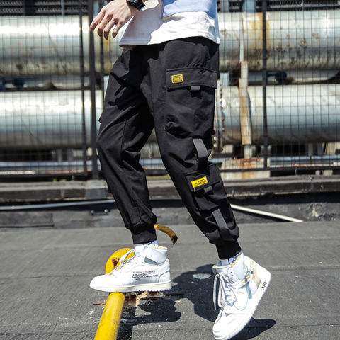 Men Cargo Pants Black Ribbons Block Multi-Pocket Harem Joggers Sweatpant  Hip Hop Casual Male Trousers 