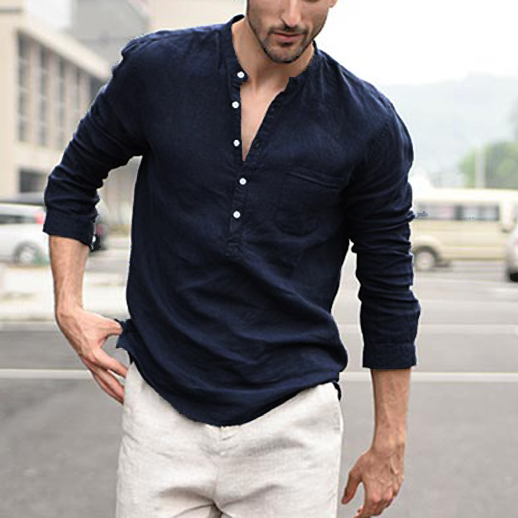 Men's Retro Cotton Linen T-Shirts Pocket Solid Color Long Sleeve Tops Blouse Hot