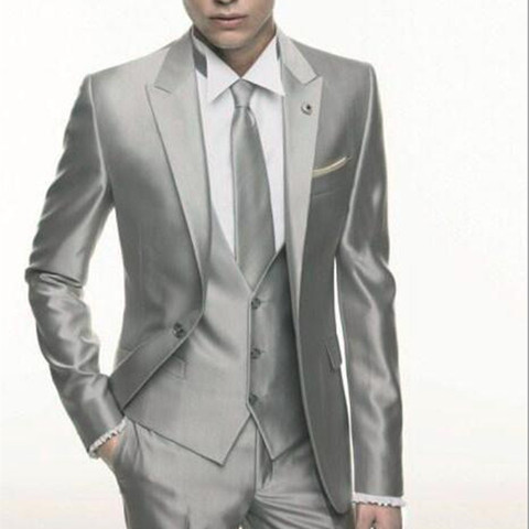 Silver Grey Satin Wedding Men Suit 2022 Formal Skinny Stylish Male Blazer Party Custom Tuxedo 3 Piece Vestidos suits for men ► Photo 1/6