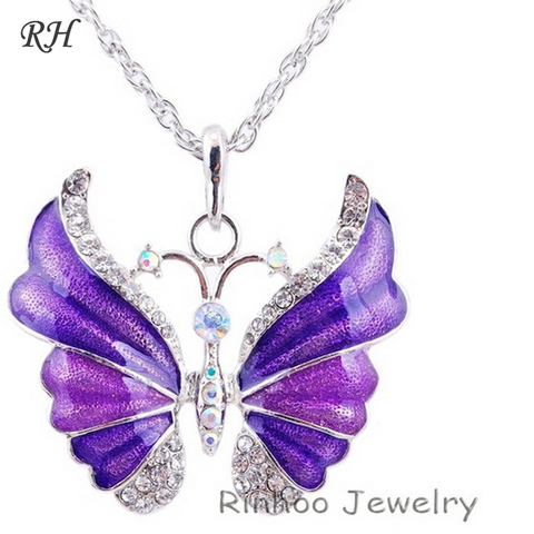 Tibetan Butterfly Necklace Alloy Enamel Butterfly Pendant Necklaces Suspension Silver Plated Vintage Necklace For Women Jewelry ► Photo 1/6