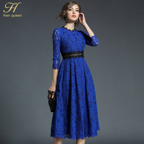 H han queen 2022 Spring New Women's Lace Dresses Floral Crochet Hollow Out Vestido Patchwork Casual Slim Office Party Long Dress ► Photo 1/6