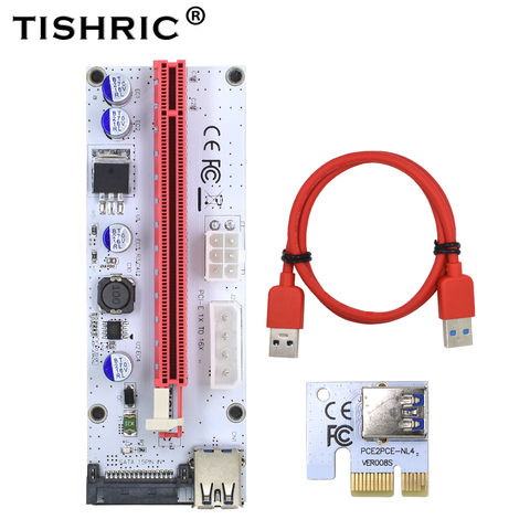 TISHRIC VER008S Molex 4Pin SATA 6PIN PCI Express PCIE PCI-E Riser Card 008s 008 Adapter 1X to 16X USB3.0 Extender Mining Miner ► Photo 1/6